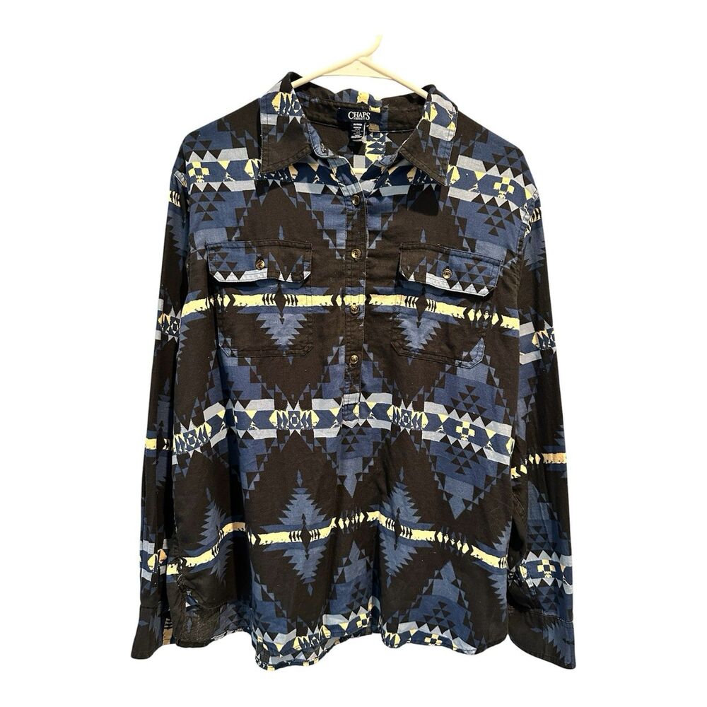 VTG Chaps Ralph Lauren Mens XL LS Pull Over Button Down Shirt Aztec Southwest